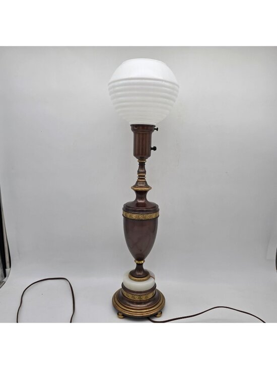 None Other - Mid Century Brass Marble Urn Torchiere Table Lamp Milk Glass Shade 25.5"